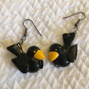 Adorable black yellow ceramic dangle crow earring